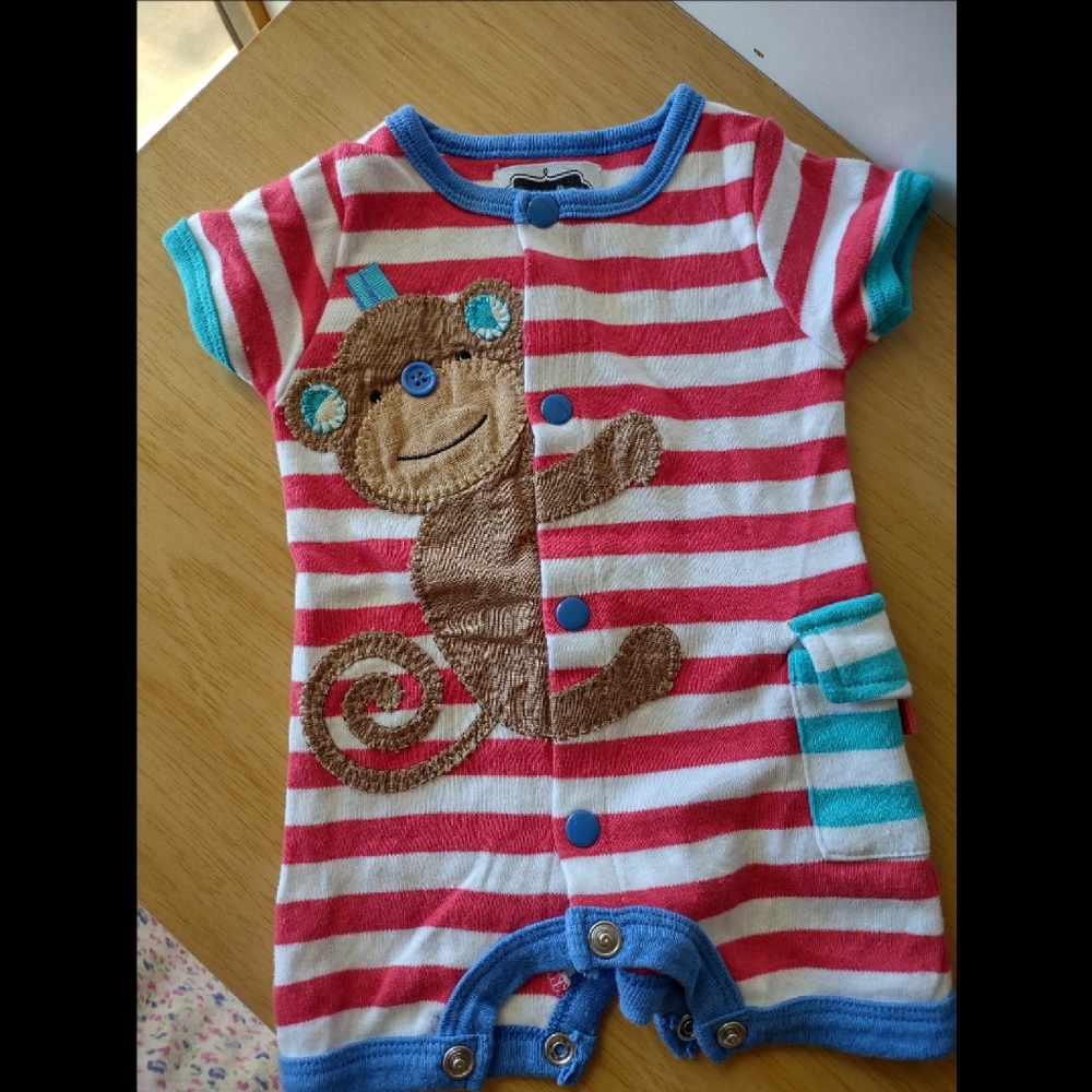 Mud Pie Embroidery Unique Stitched Monkey Stripes Red Blue Cotton Bodysuit 0-3M
